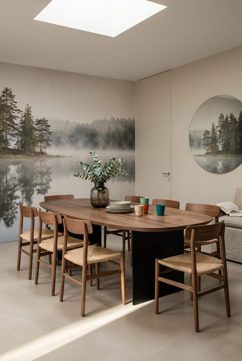 Rundes Wandbild und kleineres Motiv schaffen eine harmonische Raumatmosphäre um den ovalen Esstisch Tarvisio aus Nussbaum