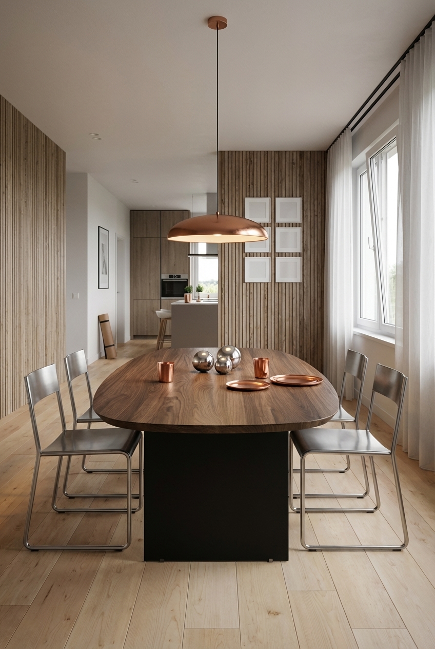 Ein Esstisch aus Nussbaum mit Kupferakzenten vor einer Holzpaneelwand