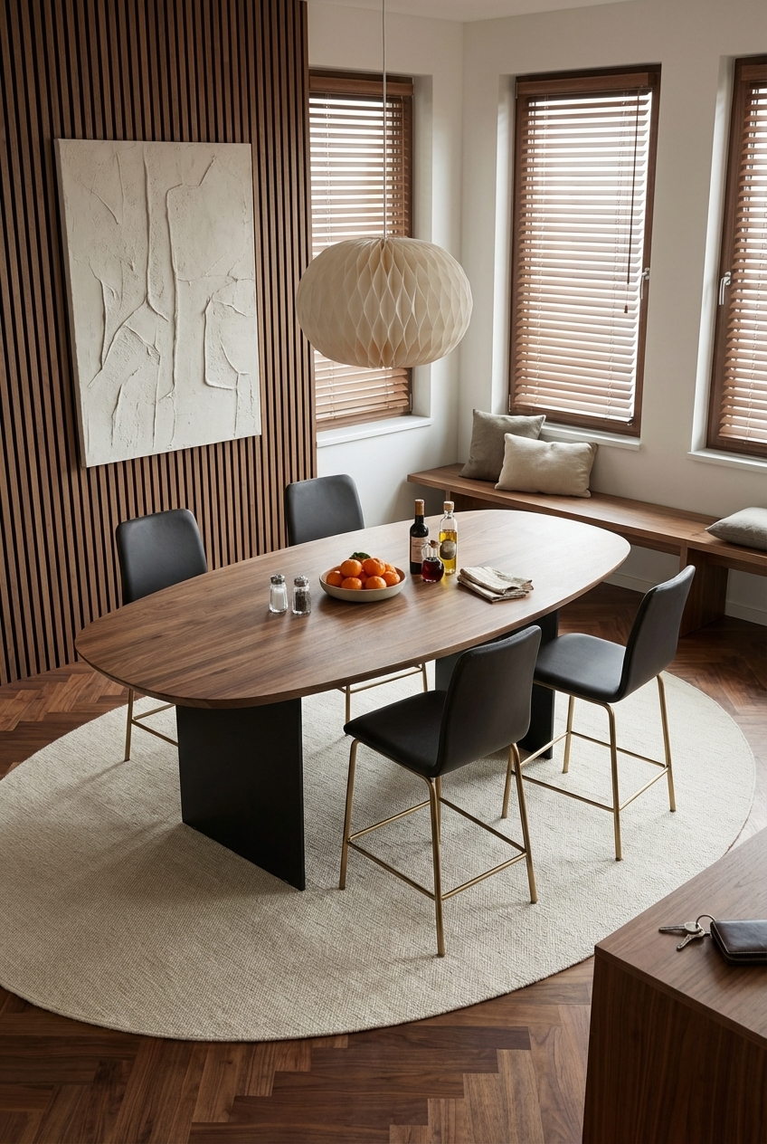 Ovaler Esstisch Tarvisio aus Nussbaum vor strukturierten Holzpaneelen
