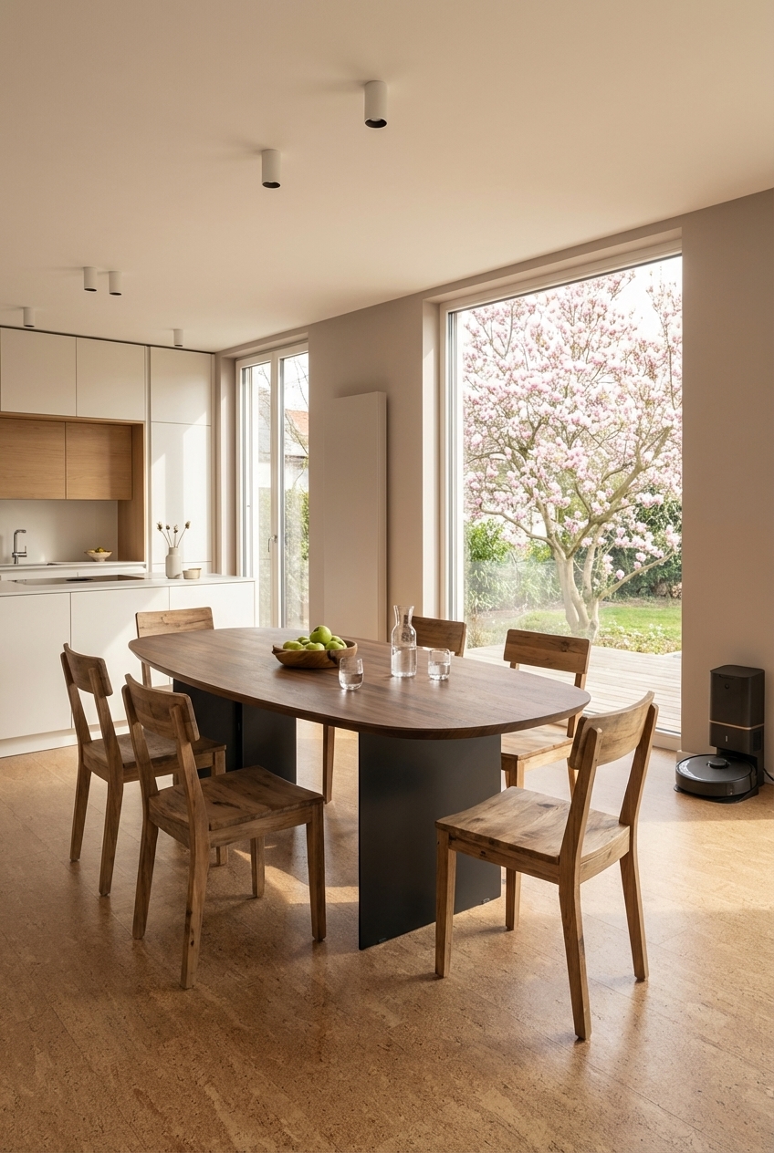 Essplatz mit hellem Wanddesign, Esstisch oval Tarvisio aus Nussbaum im Vordergrund