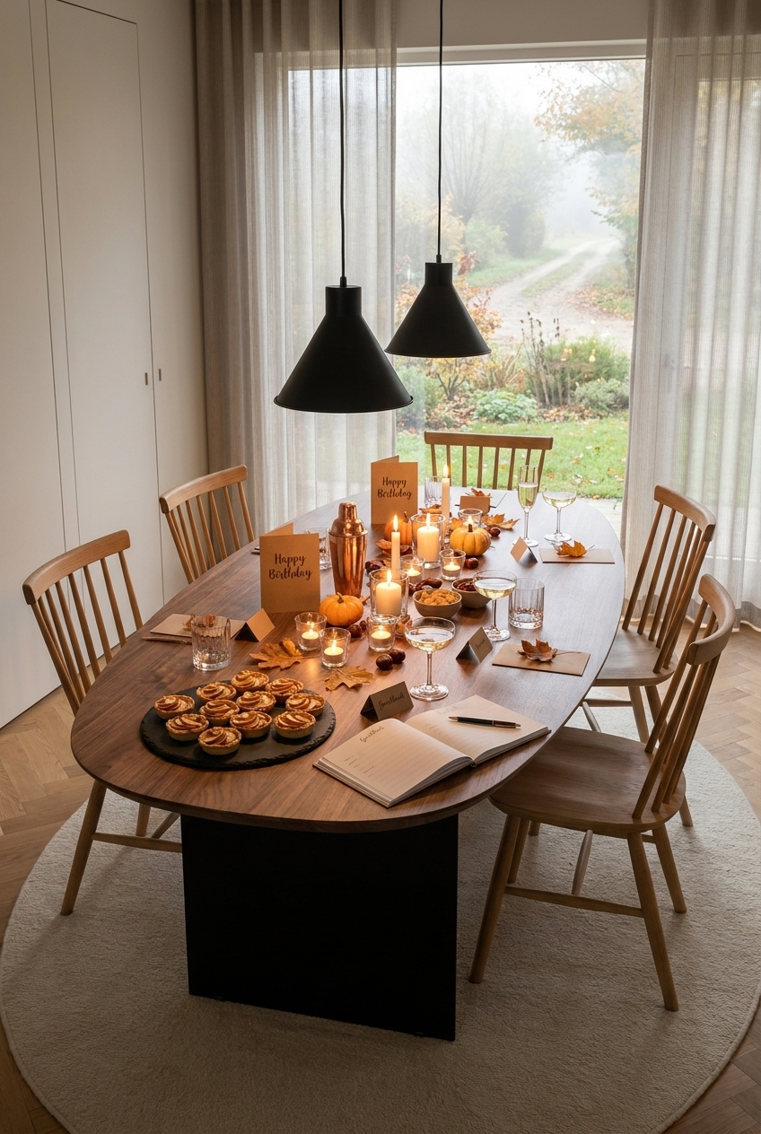 Große Platte mit Kleingebäck, Kerzen, Kürbissen und Gästebuch auf ovalem Esstisch Tarvisio