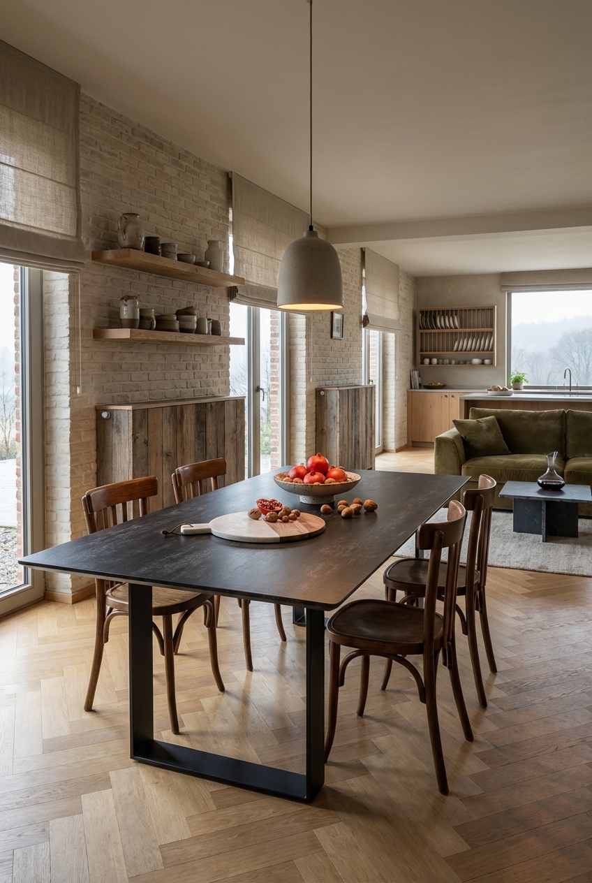 Esszimmer mit Fischgrätparkett und Esstisch Trieste Keramik in warmen Tönen