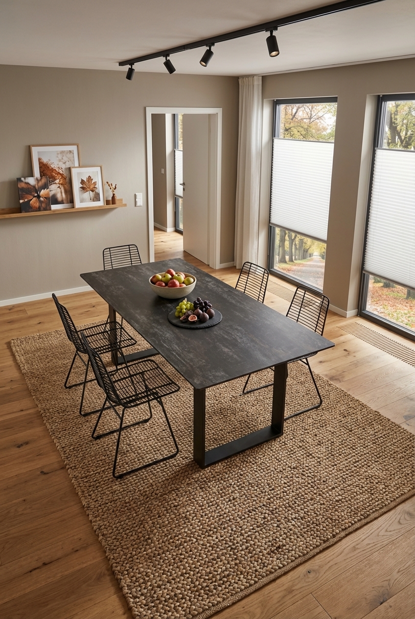 Esszimmer mit einem großen Teppich, der die Stühle umfasst und den Tisch Trieste Keramik betont