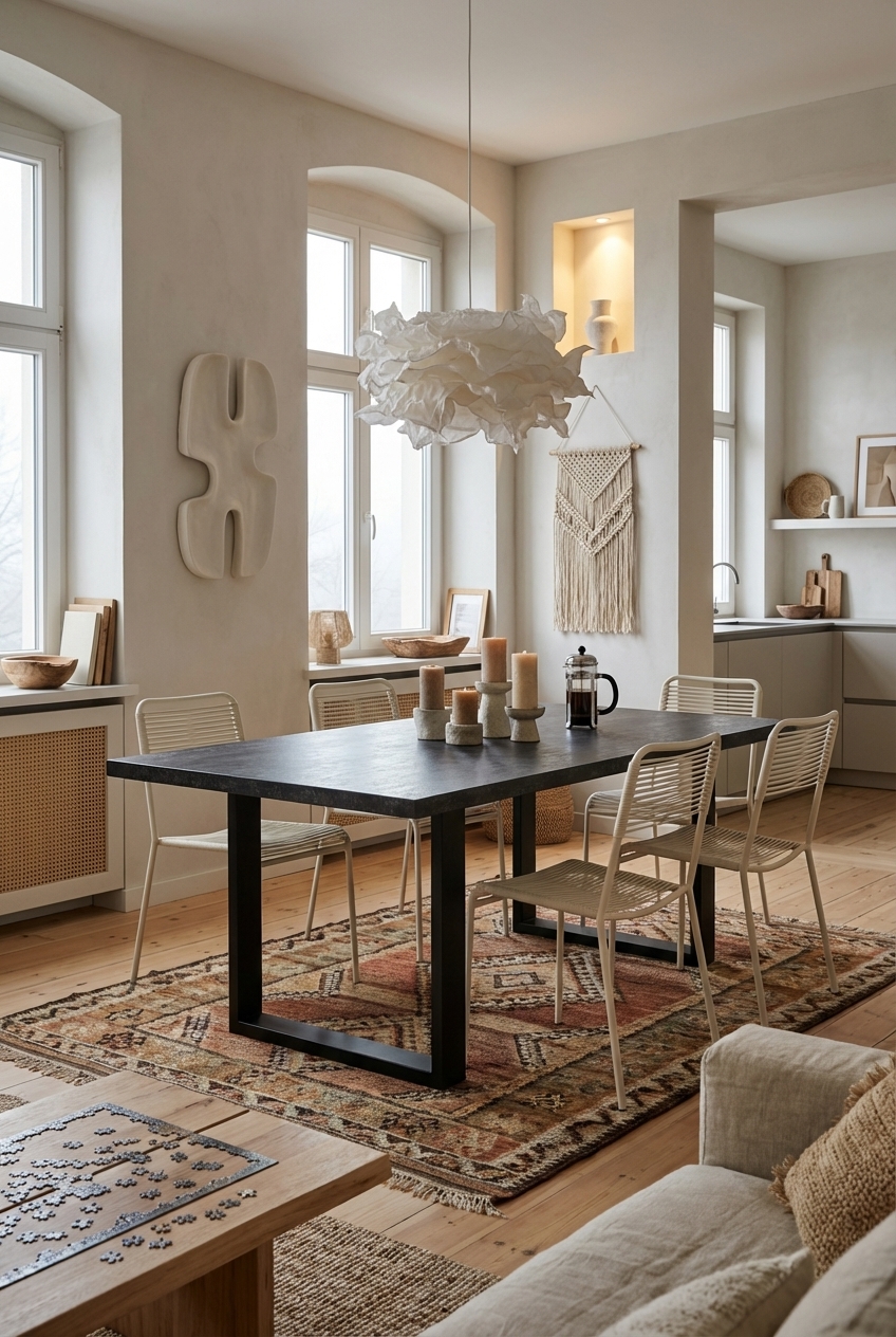 Dunkle Keramiktischplatte als Anker für ein harmonisches Boho-Esszimmer