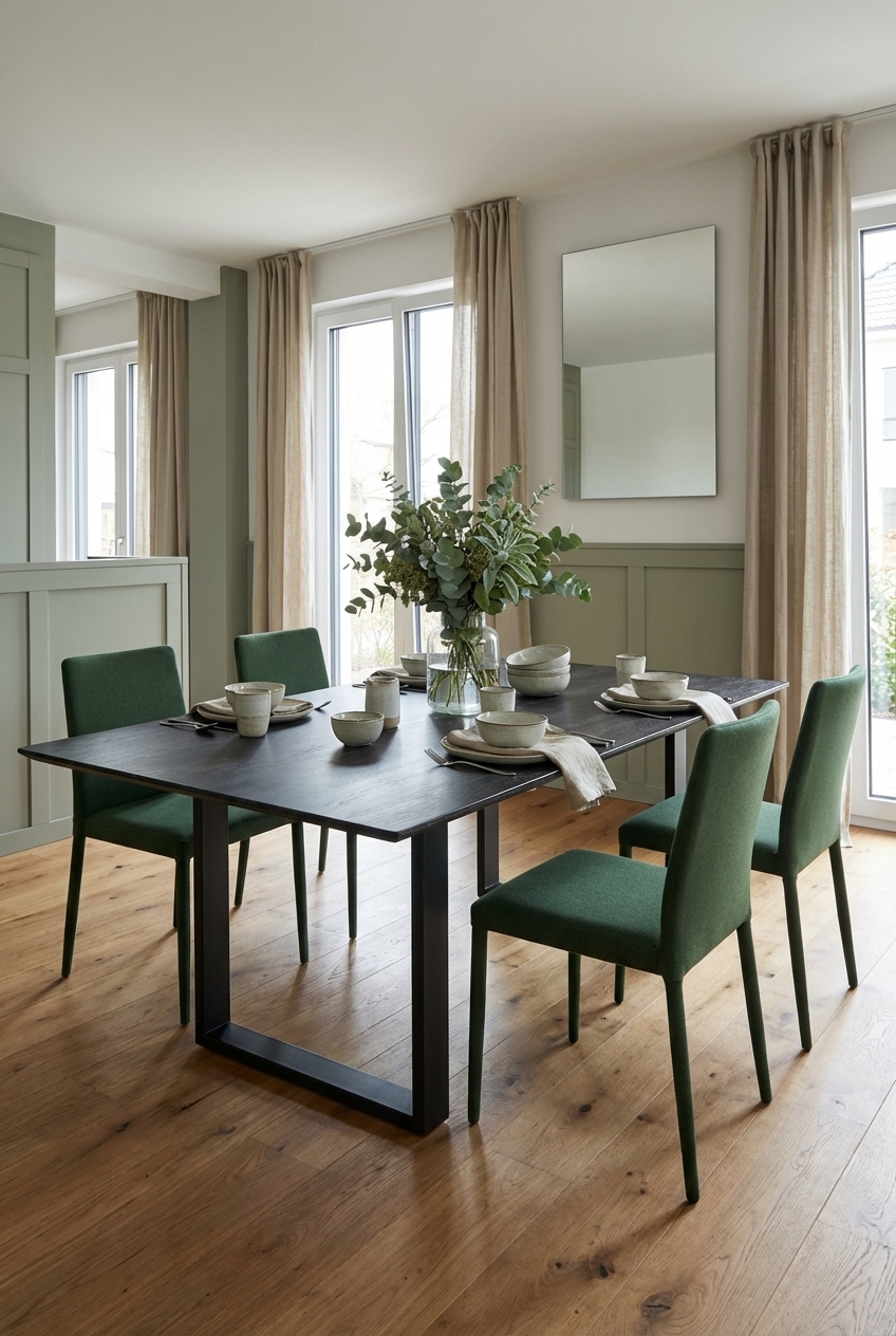 Essbereich mit halbhoher grüner Wandverkleidung und Esstisch Trieste aus Keramik