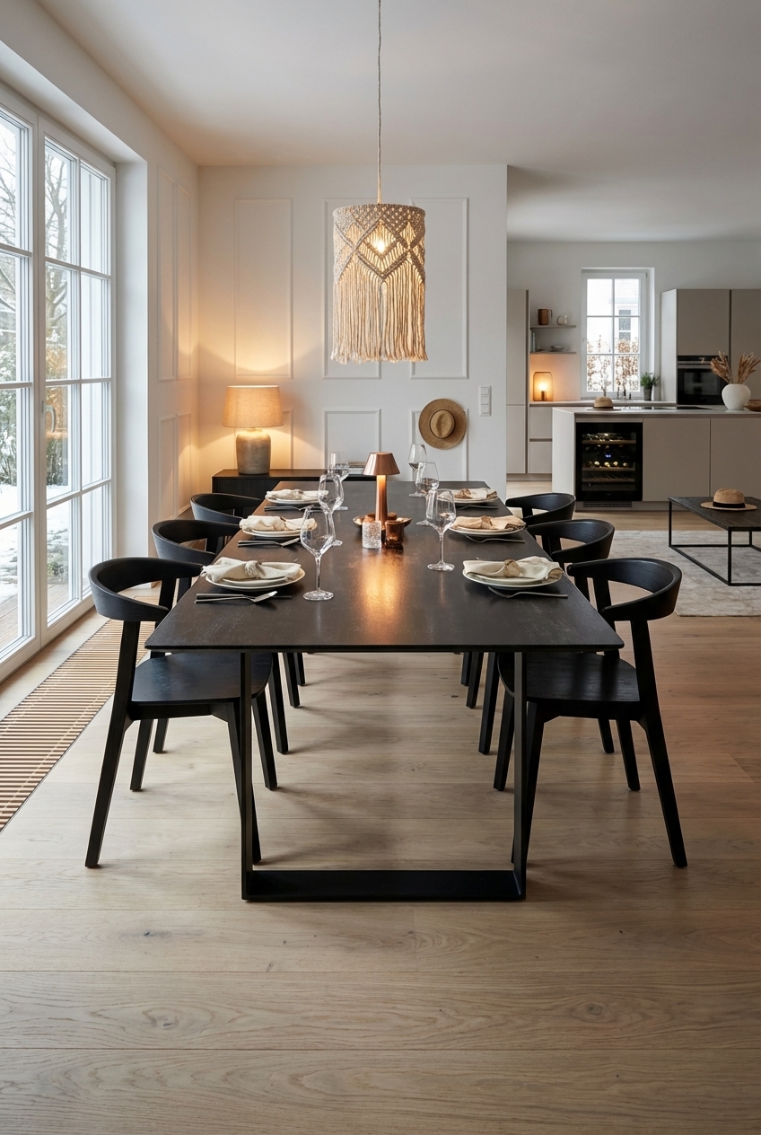 Esstisch Trieste aus Oxido-Keramik vor bodentiefen Fenstern, umgeben von schwarzen Holzstühlen.