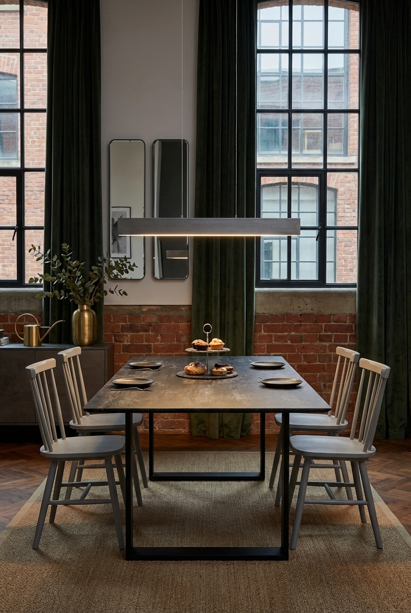 Linear hängende Pendelleuchte über einem Esstisch Trieste Keramik, warmes Licht betont raue Industrie-Atmosphäre