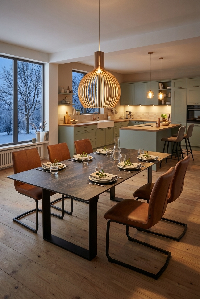 Freischwinger und Kufengestelle schaffen Leichtigkeit im Essbereich mit dem Esstisch Trieste Keramik