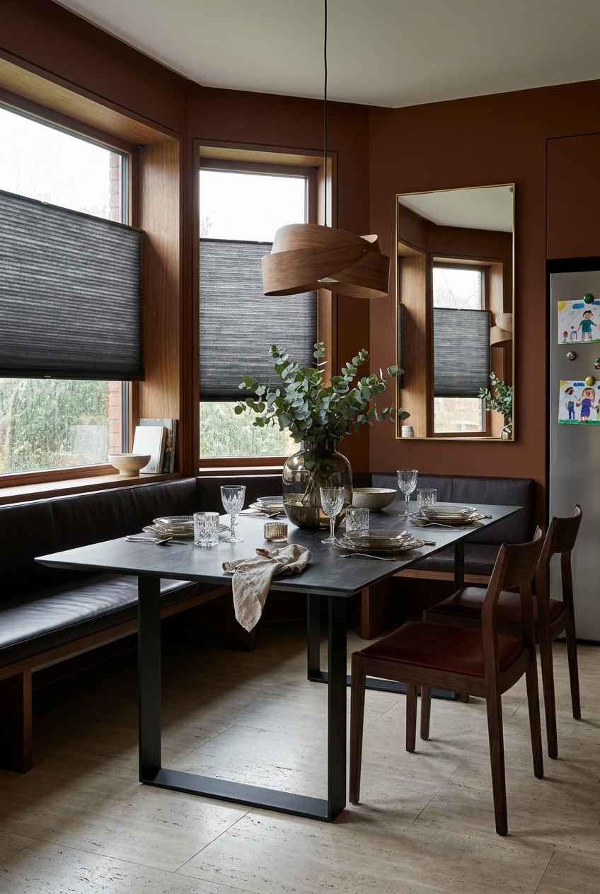 Esszimmer mit warmen Terracotta-Wänden und Esstisch Trieste Keramik in einer gemütlichen Erker-Nische