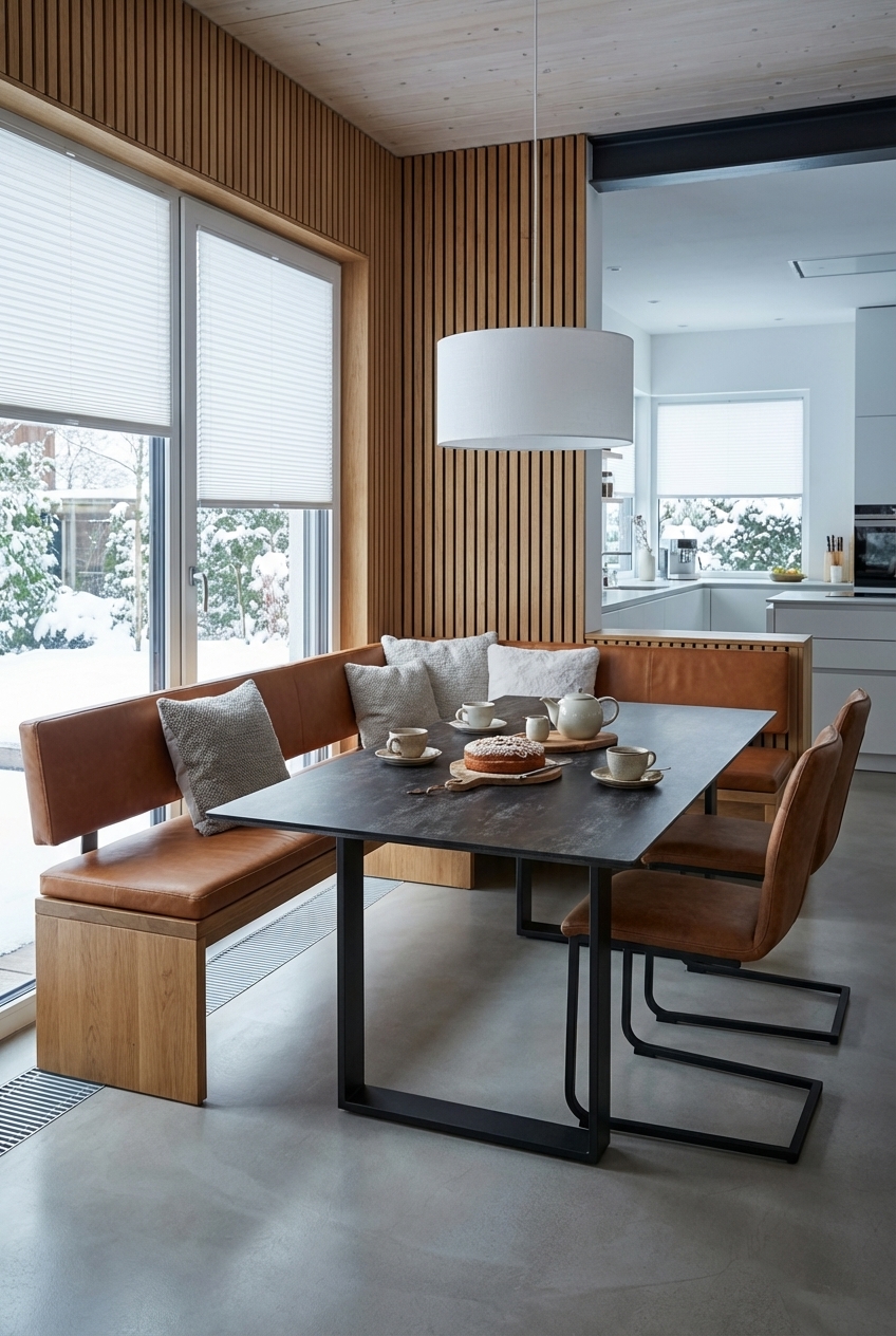 Eckbank mit hellen Polstern vor Wand mit senkrechten Holzlamellen und Esstisch Trieste Keramik