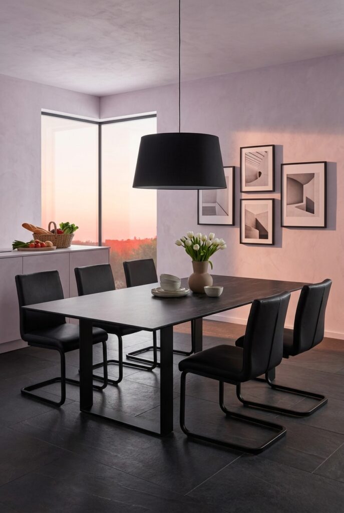Esszimmer mit zartrosafarbener Wand und dunklen Möbeln, inklusive Esstisch Trieste aus Keramik