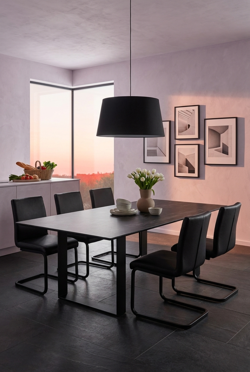 Esszimmer mit zartrosafarbener Wand und dunklen Möbeln, inklusive Esstisch Trieste aus Keramik
