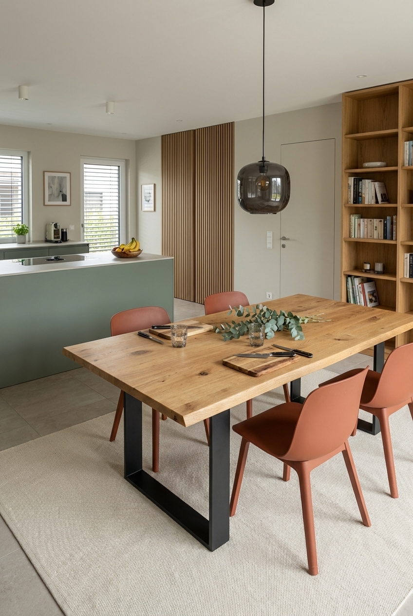 Esszimmer mit harmonierenden Holzpaneelen und Esstisch Trieste aus Wildeiche