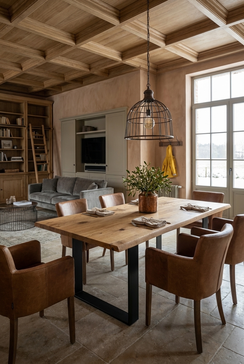 Gepolsterte Armlehnstühle aus Leder umgeben den Massivholztisch Trieste aus Wildeiche