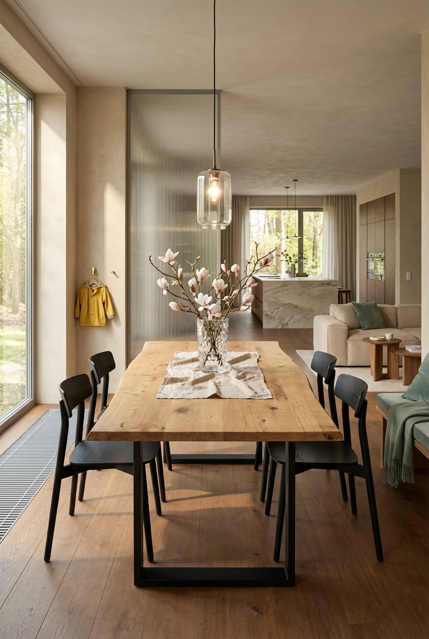 Essbereich mit halbtransparenter Glaswand und Esstisch Trieste aus Wildeiche, der von sanftem Licht profitiert