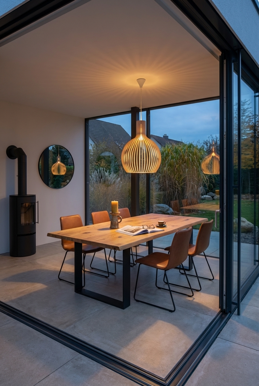 Essplatz mit Esstisch Trieste aus Wildeiche und kleiner Kaminofen für gemütliche Wärme