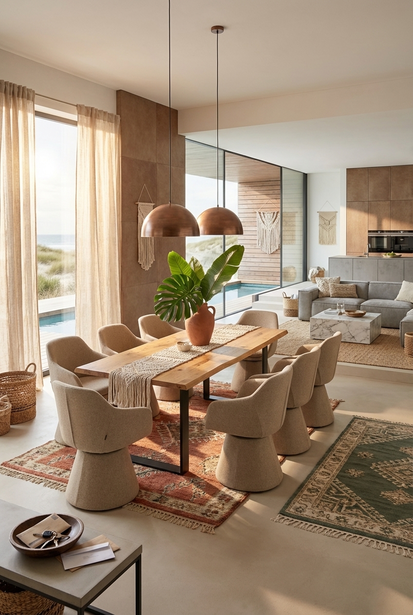 Kupferfarbene Pendelleuchten über einem massiven Esstisch Trieste aus Wildeiche verleihen dem Esszimmer Boho-Charme.