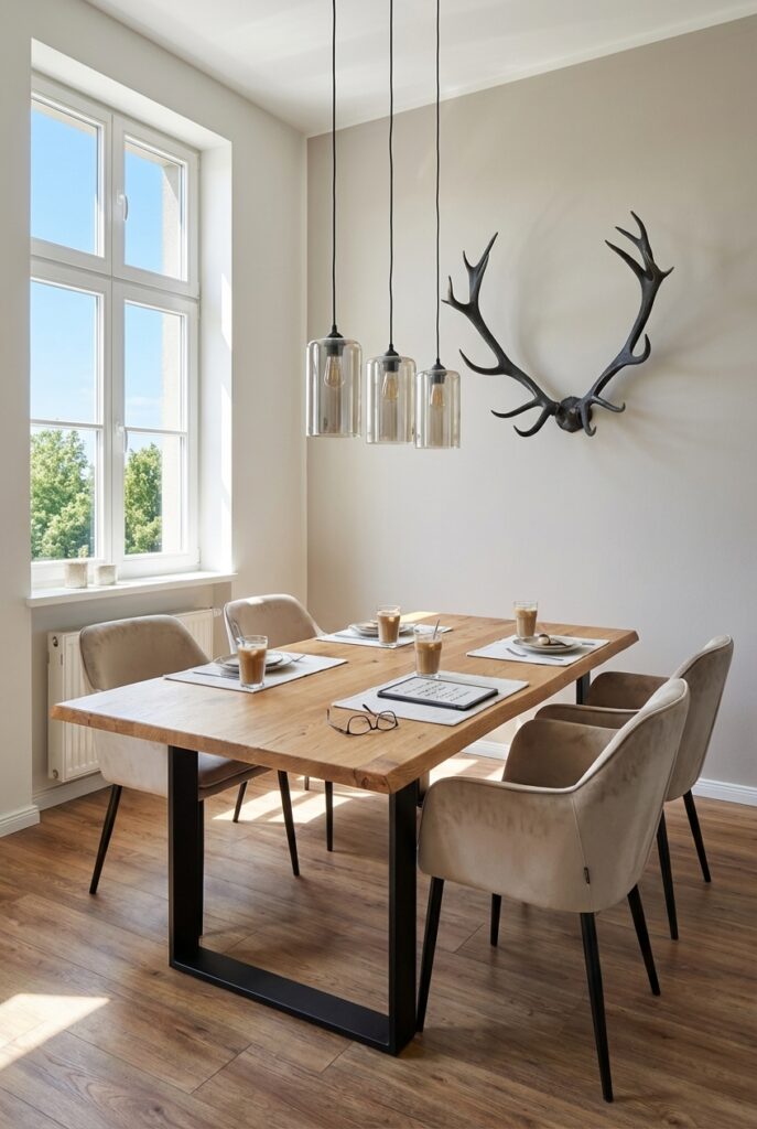 Skulpturales Wandobjekt verleiht heller Wand im Esszimmer Tiefe, kombiniert mit Esstisch Trieste aus Wildeiche