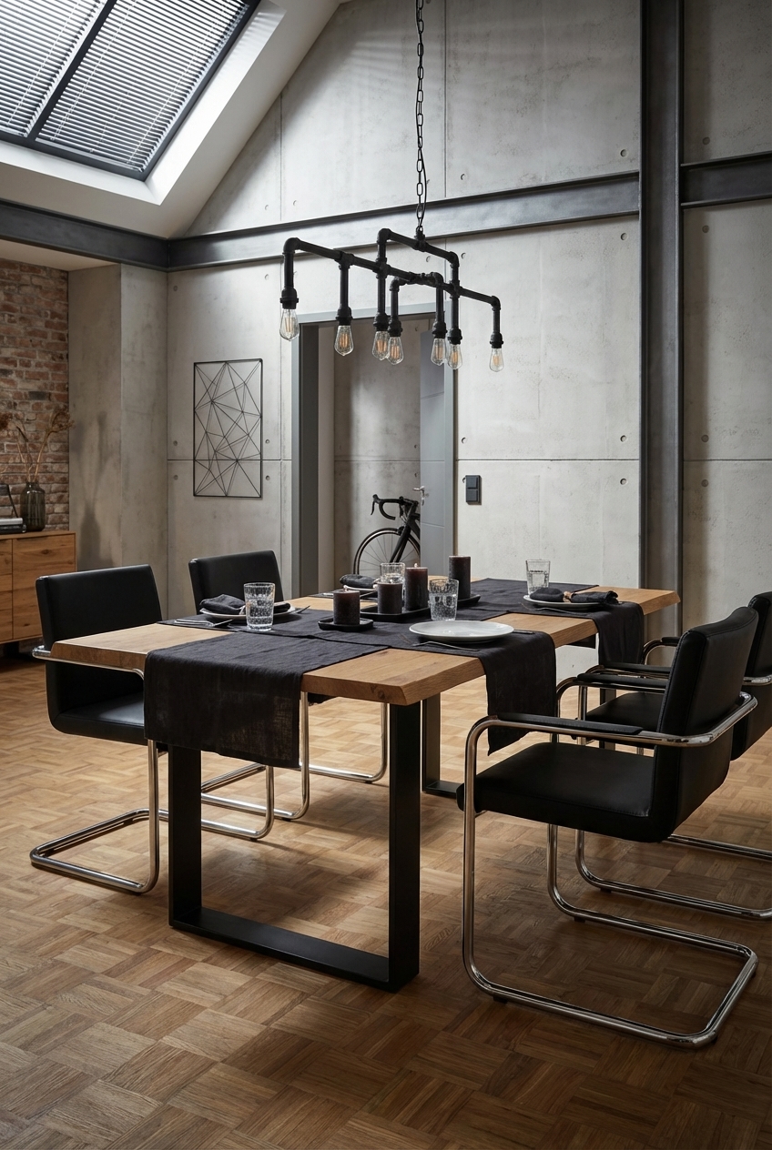 Freischwinger mit Chromgestell und Esstisch Trieste aus Wildeiche in modernem Industrial-Stil