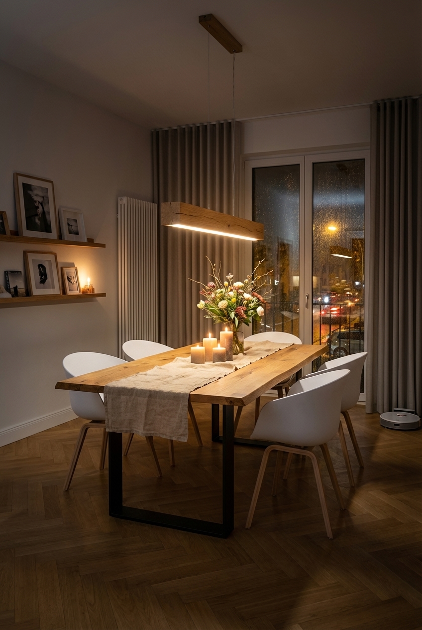 Beleuchtete Wandregale mit kleinen Lichtquellen schaffen neben dem Esstisch Trieste eine sanfte, wohnliche Atmosphäre