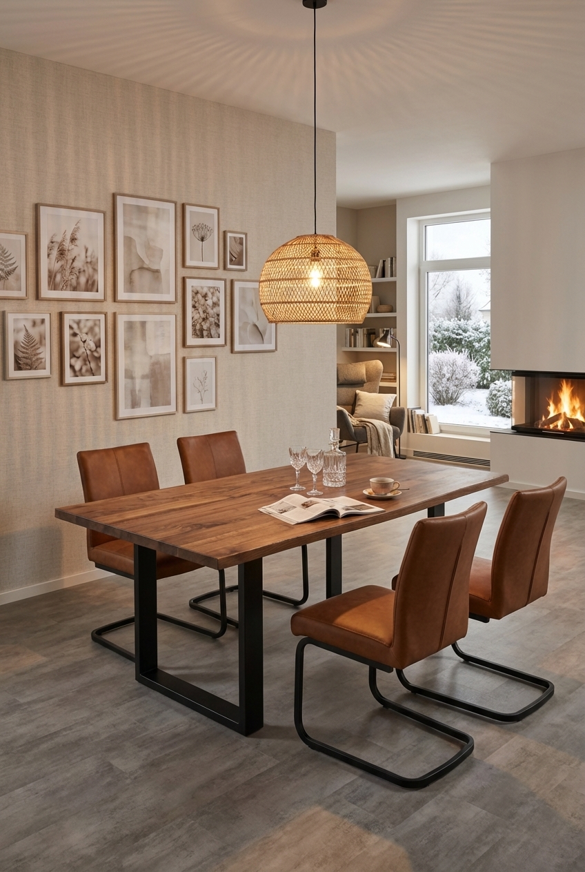 Esszimmerwand mit feiner Streifentapete und Esstisch Trieste aus Wildnussbaum