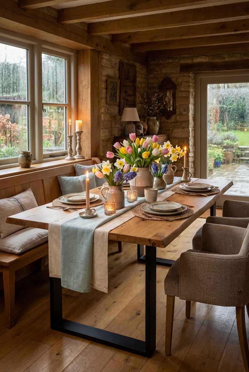 Frühlingstischdekoration mit Tonkrügen in verschiedenen Höhen auf Esstisch Trieste