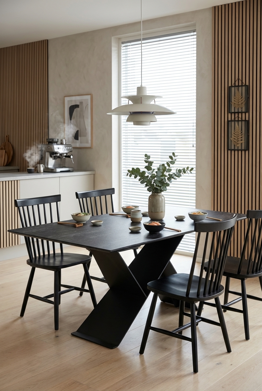 Esszimmer mit hellen Holzpaneelen, schwarzen Sprossenstühlen und Keramiktisch Udine.