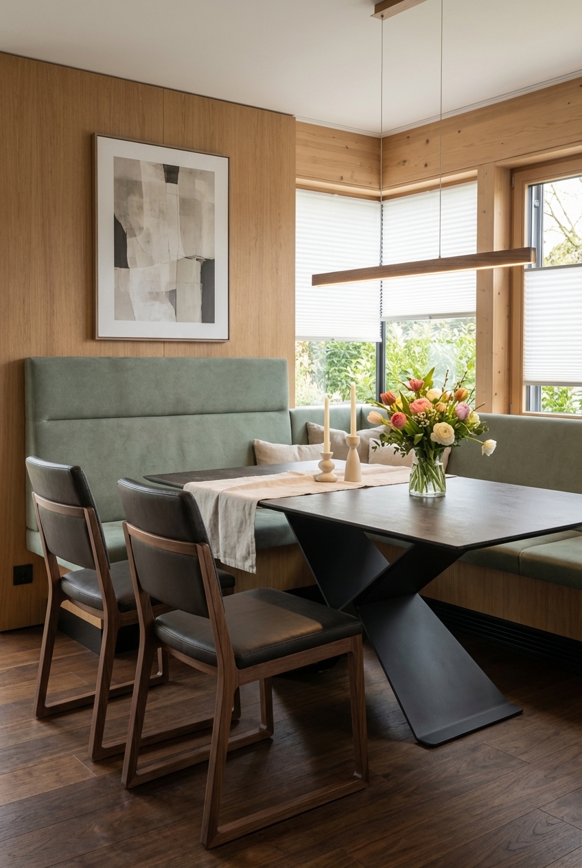 L-förmige, graue Eckbank entlang zweier Wände mit dem Esstisch Udine Keramik