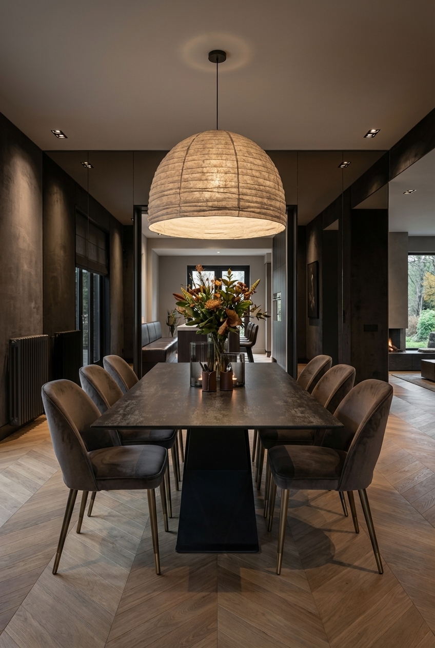 Esszimmer mit dunklen Wänden und Esstisch Udine Keramik in luxuriöser Atmosphäre