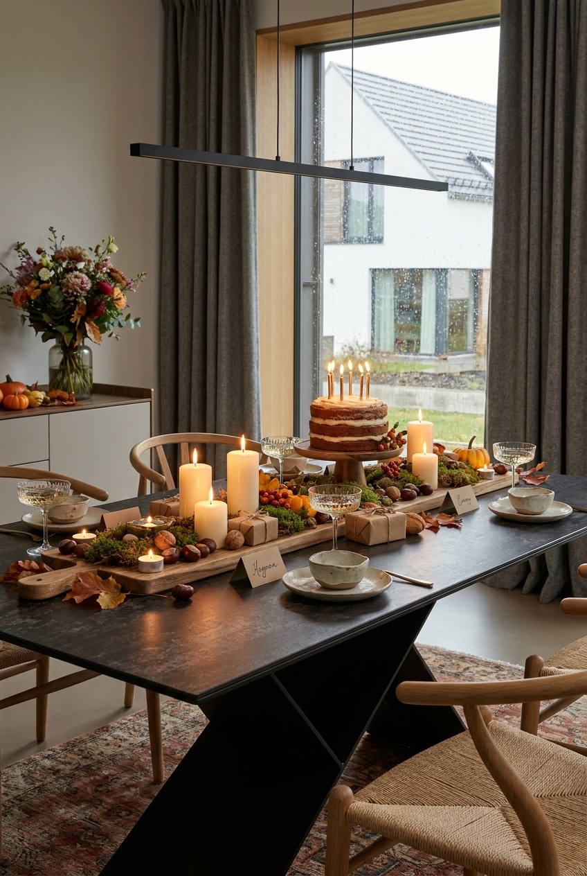 Langes Holzbrett mit Torte, Kerzen, Moos, Nüssen und Geschenken auf Esstisch Udine Keramik
