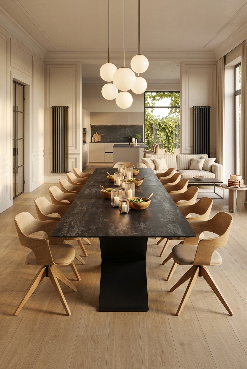 Mehrere Leuchtkugeln über der UDINE Keramikplatte schaffen warmes Licht und fassen den Essbereich zusammen