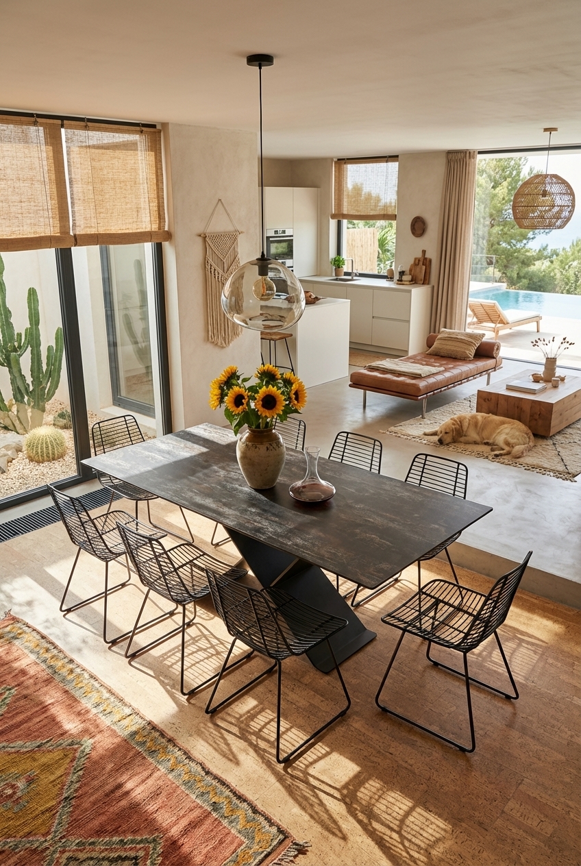 Bambusrollos filtern sanft das Licht im Essbereich und betonen den Esstisch Udine Keramik