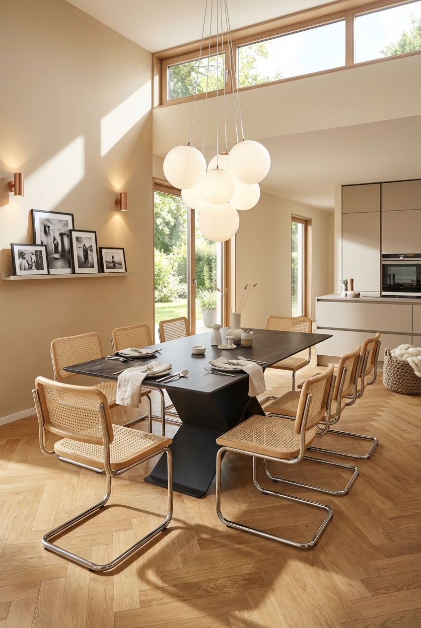 Hilfreiche Gestaltungstipps für ein Esszimmer mit schwarzem Esstisch und Wiener Geflechtstühlen