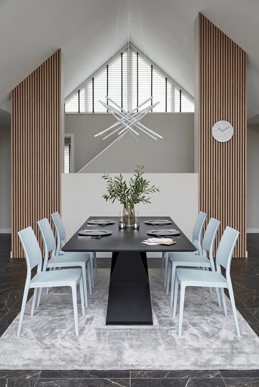 Hohe Fenster mit Holzpaneelen eingerahmt, der Esstisch Udine aus Keramik im Zentrum