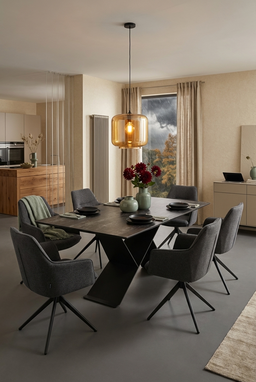 Dunkle Möbel ergänzen warme Beigetöne für einen harmonischen Essbereich