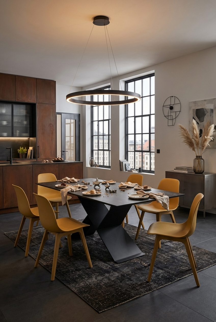 Esszimmer mit dunklem Keramiktisch Udine und lebhaften, farbigen Stühlen