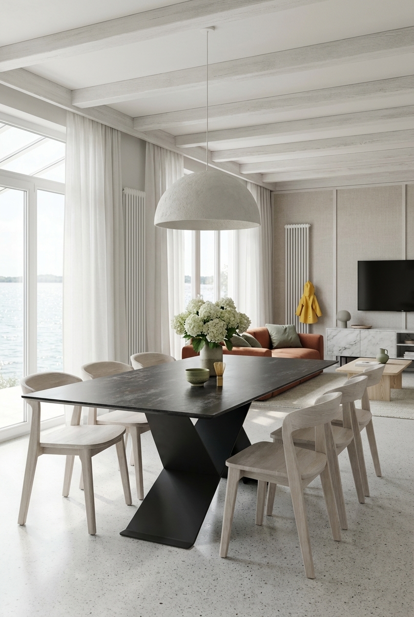 Skulpturaler Esstisch Udine Keramik mit dunkler Basis in skandinavischem Esszimmer.