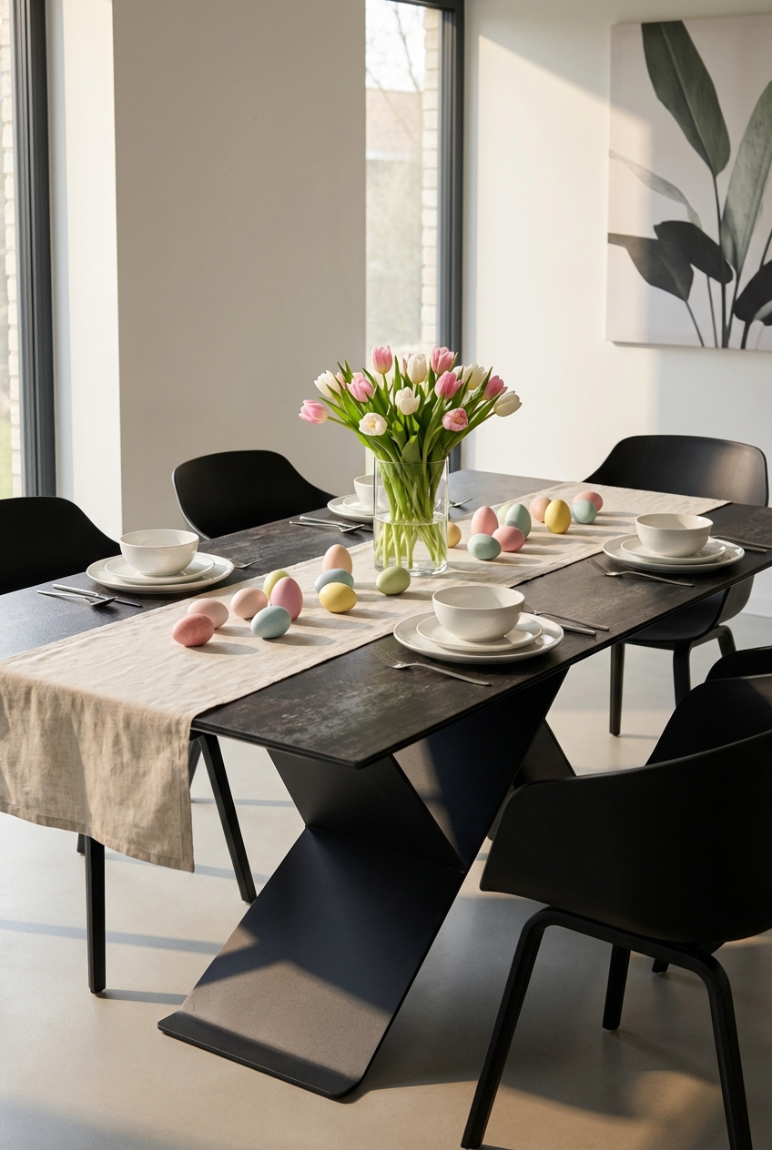 Eine spielerische Ostertischdeko mit lose verstreuten Eiern auf dem robusten Keramiktisch Udine