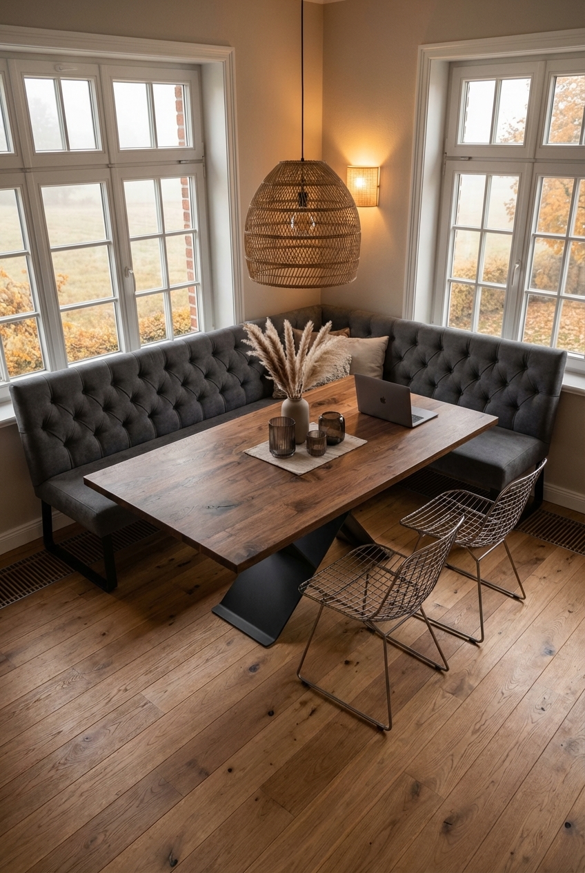 Rustikale Kombination aus Holzfußboden und Esstisch Udine in Nussbaum-Optik