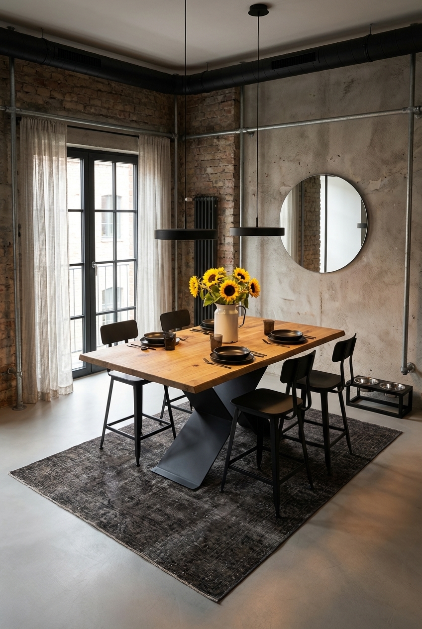 Ein Essbereich mit sichtbaren Rohren und dem massiven Esstisch Udine aus Wildeiche, der warme Akzente setzt.