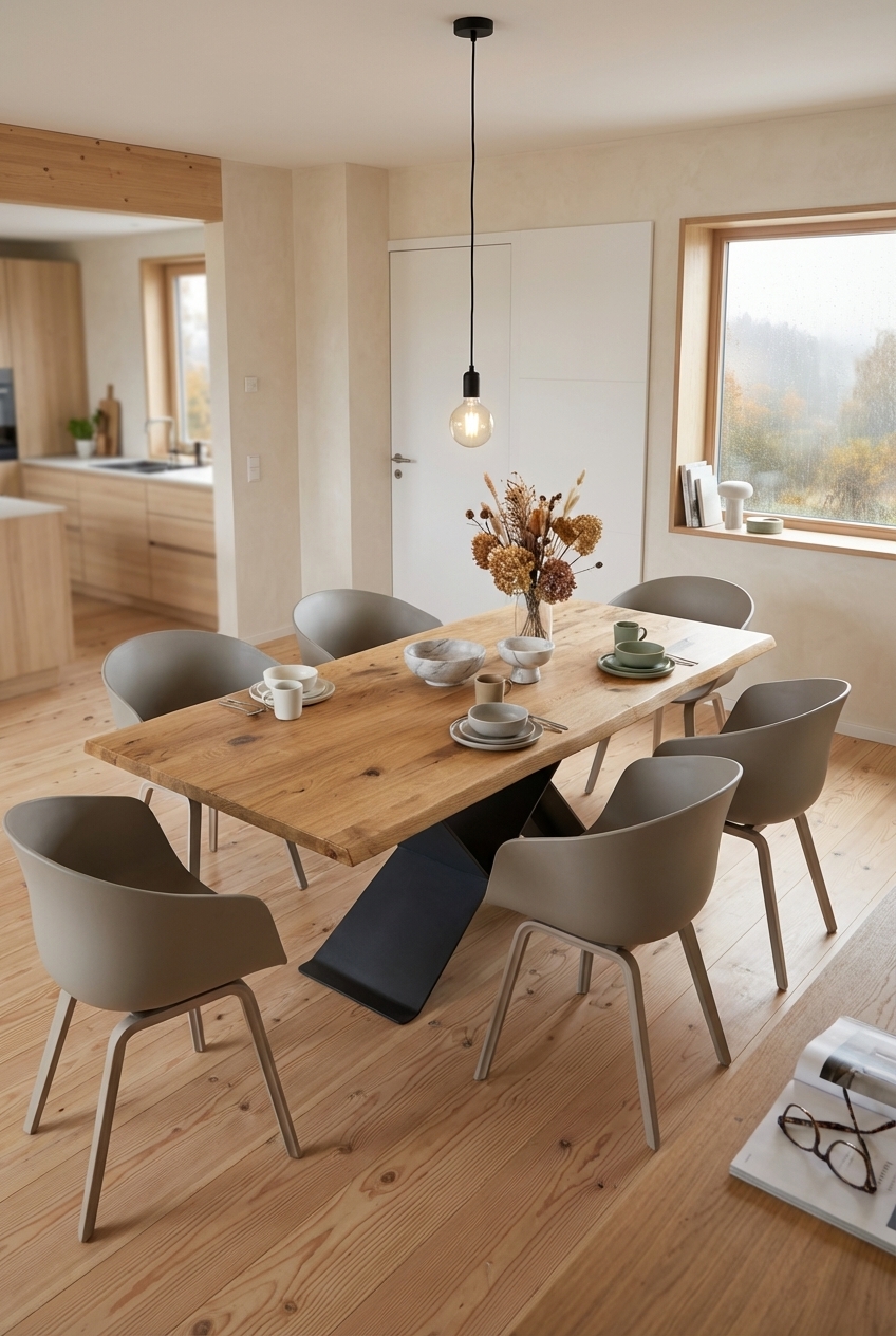 Trockenblumen in einer Vase auf dem Esstisch Udine aus Wildeiche schaffen eine natürliche, skandinavische Atmosphäre