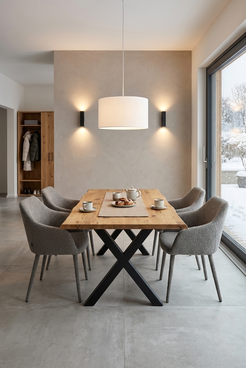 Zwei symmetrisch angeordnete Wandleuchten bilden einen stimmungsvollen Lichtrahmen über dem Esstisch Udine aus Wildeiche.