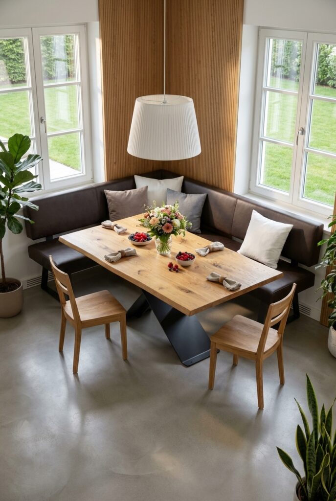 Ein einladendes Esszimmer mit einer U-förmigen Sitzbank, ergänzt durch leichte Stühle und einen ausziehbaren Esstisch Udine aus Wildeiche.