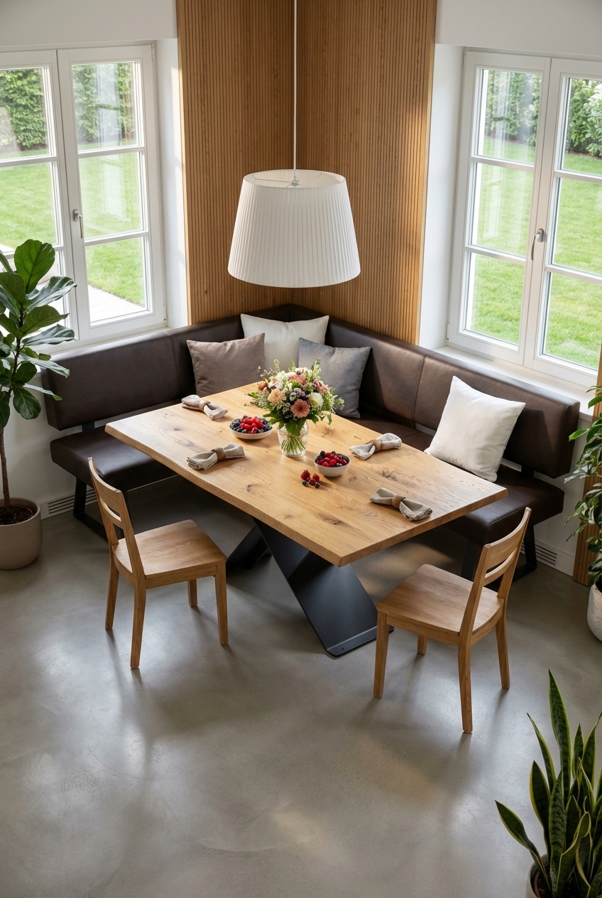 Ein einladendes Esszimmer mit einer U-förmigen Sitzbank, ergänzt durch leichte Stühle und einen ausziehbaren Esstisch Udine aus Wildeiche.