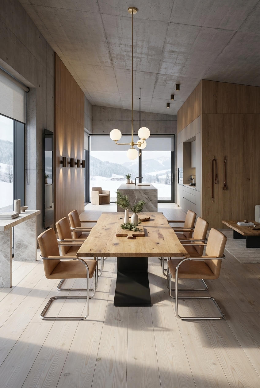 Esszimmer mit Sichtbetondecke und warmen Holzwänden, Esstisch Udine aus Wildeiche