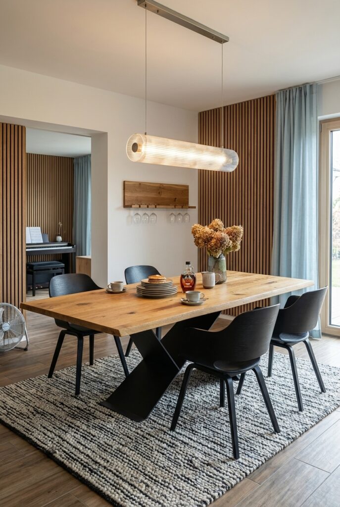 Vertikale Holzlamellen an der Wand schaffen eine harmonische Rillenstruktur, die den Esstisch Udine aus Wildeiche elegant ergänzt.