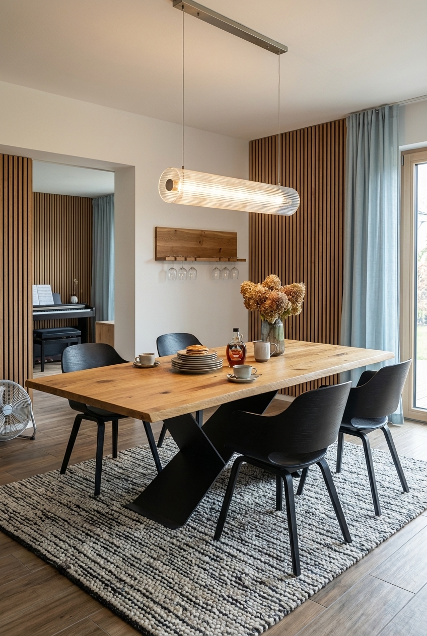 Vertikale Holzlamellen an der Wand schaffen eine harmonische Rillenstruktur, die den Esstisch Udine aus Wildeiche elegant ergänzt.