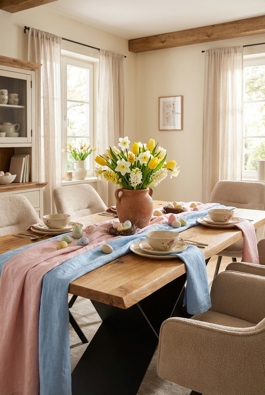 Zwei diagonale Tischläufer in Pastellfarben über einem Holz-Tisch Udine kreuzend