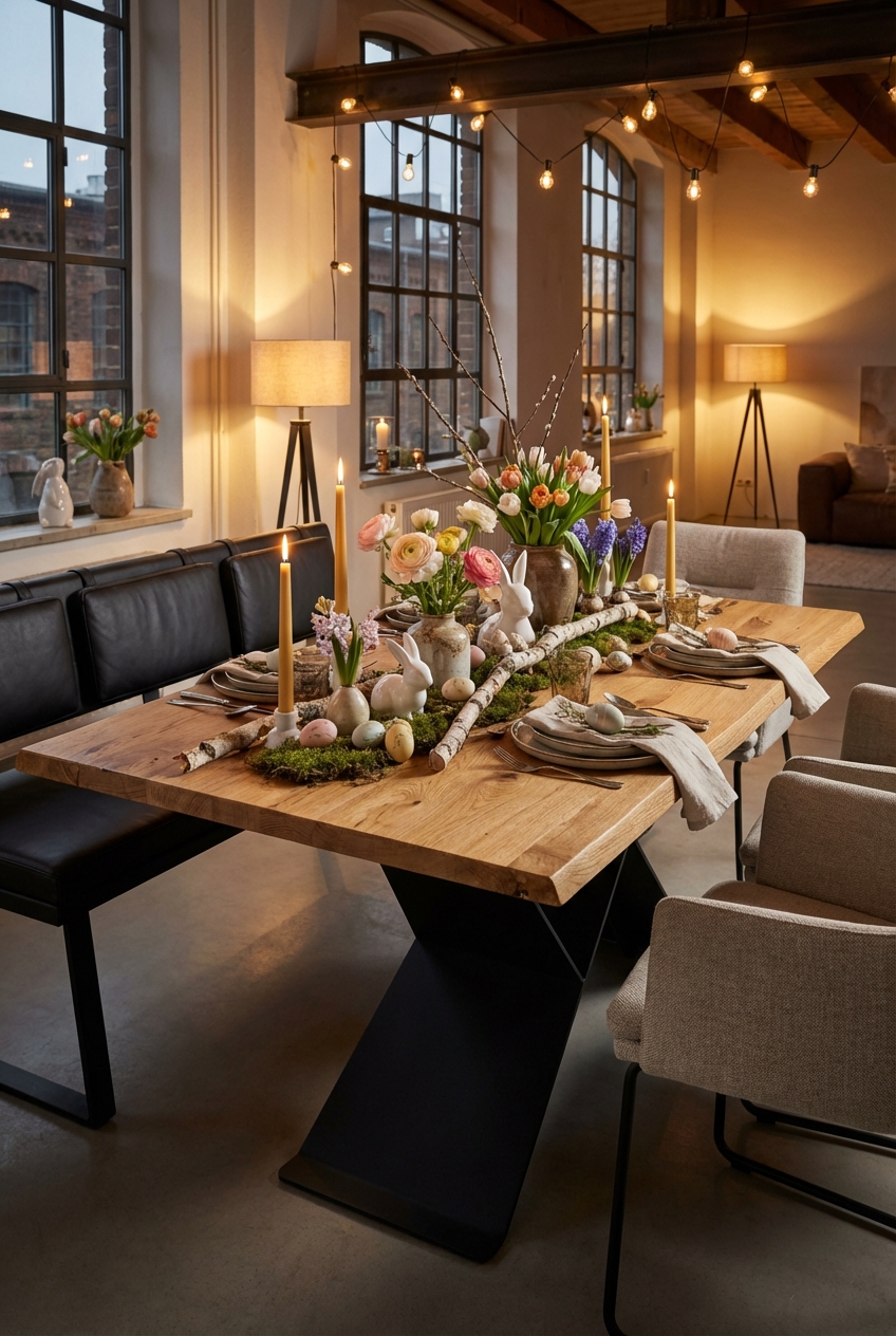 Ein frischer Moosstreifen als Tischdeko zu Ostern auf dem Esstisch Udine aus Wildeiche