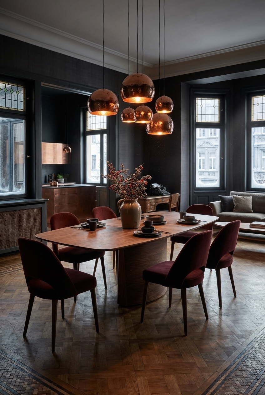 Esszimmer mit dunklem Wandton und dem Nussbaum-Esstisch Viborg in warmem Licht